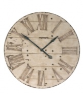 Hit the big time. At three feet wide, the Harrington clock makes a bold impact with its antiqued wooden face and gently distressed edge. Hours, minutes and seconds pass with rustic metal hands.