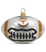 Team and Christmas spirit go hand in hand with the Texas football ornament. Hand-painted glass is something students, alum and fans will cheer.