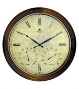Learn the time, temperature and humidity index with this informative wall clock. Made of metal and designed to withstand most elements of weather, this antique-finished timepiece makes a smart, stylish addition to the inside or outside of your home.