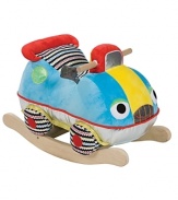 Put the pedal to the metal and rock! Solid wooden rocker frame surrounded by a soft and chubby stuffed car. Lots of colors and patterns and a friendly smiling face.