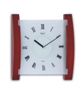 A modern clock with traditional appeal, this dignified timekeeper from Opal Clocks combines rich wood and frosted glass with Roman numerals for an air of sophistication.