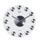 Opal Clocks proves there's no time like the present with this slick, contemporary wall clock. A sheer glass dial punctuated with twelve steel dots will amp up your den or bedroom decor with striking style.