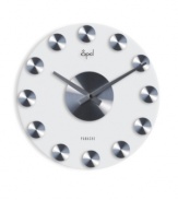 Opal Clocks proves there's no time like the present with this slick, contemporary wall clock. A sheer glass dial punctuated with twelve steel dots will amp up your den or bedroom decor with striking style.