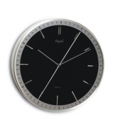 Meant to be seen, not heard, this Opal Clocks wall clock combines a shiny black dial and smooth, soundless movement in sleek, brushed aluminum. With a double-sided second hand and numberless design.