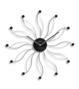 With the look of sunshine in pure steel, this retro wall clock gives you the time of day and a new focal point for the living room, kids' room or home office. From Opal Clocks.