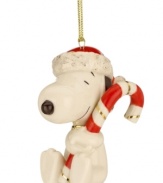 Adorable Snoopy poses with a festive candy cane and glittering Santa hat in this lovely porcelain ornament from Lenox. With gold hanging thread.