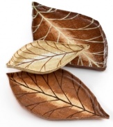 Celebrate the earth with the simple leaf shapes, rich fall palette and eco-friendly papier-mache that define Spice nesting trays. Handmade by Haitian artisans, it's a unique and beautiful way to top a table.