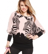 Get wild in Material Girl's zebra-print dolman top--perfect with jeans and just as great with your boldest pants!
