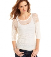 A bodice of filmy lace gives this three-quarter sleeve top the all of the feminine style you adore! From Eyeshadow.