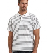 THE LOOKStriped designSmooth ice cotton Treated and finished to be cool to the touchPolo collarFront button placketShort sleevesVented shirttail hemTHE MATERIALCottonCARE & ORIGINMachine washImportedThis item was originally available for purchase at Saks Fifth Avenue OFF 5TH stores. 