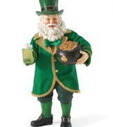 Santa is going green! Dressed in a Celtic-inspired outfit and carrying a pot of gold, this Santa figurine makes a unique statement among your holiday decorations.