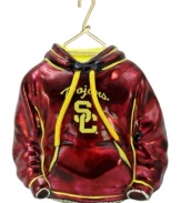 Fitting for USC alum, this hand-painted hoodie ornament trims the tree in Trojan red and gold. Glitter amps up the school and holiday spirit.