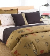 Featuring an allover print of numbers, winged crests and more Lauren Ralph Lauren emblems, the Rawley comforter makes over your bed in rugged military style and soft, 100% cotton luxury.