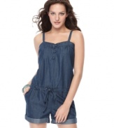 In a chambray denim, this Freestyle romper is perfectly paired with platform wedges for a relaxed spring look!