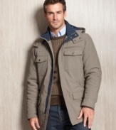 Don't let the chill chase you away. Be prepared to stay warm and keep all your essentials safe with this multi-pocketed medium-weight hooded jacket from Perry Ellis.