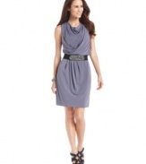 A soft draped fit and a flattering hue make this Suzi Chin dress remarkable. The sparkling stone-encrusted belt makes a mesmerizing finishing touch.