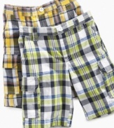 Plaid is as laid back as he is in these cargo shorts from Greendog.