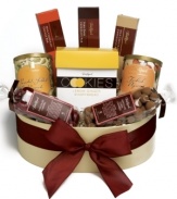 For the fashionable foodie on your list, Torn Ranch presents the Madison gift basket. This collection features chocolate-covered cherries, chocolate coffee caramels, lemon ginger shortbread, Turkish apricots, peanuts, one chocolate cappuccino bar, one chocolate orange bar and one dark chocolate bar, all in an oval shaker box for a finishing touch of great taste.