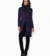 Inspired by smartly tailored haberdashery looks, this Lauren by Ralph Lauren top coat channels modern sophistication in a jersey-knit stretch merino wool and angora blend finished with touches of velvet and a classic plaid pattern.