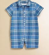 Cool comfort and chic checks in an effortless coverall just made for play.Spread collarShort sleevesButton placketPatch chest pocketsSnap legs94% cotton/5% nylon/1% elastaneMachine washImported Please note: Number of buttons and snaps may vary depending on size ordered. 