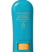 Shiseido Sunprotect Stick Foundation SPF 35. A treatment-enriched stick foundation that defends against powerful UVA/UVB rays as it provides a sheer natural finish. Glides on effortlessly to give skin a smooth radiant look Unites optimal sun protection with skin-caring makeup. Provides excellent hydrating benefits to fight dryness and maintain skin's optimal moisture and softness. Resists perspiration and water to remain fresh for hours. Contains Thiotaurine, an antioxidant that neutralizes free radicals. Minimizes imperfections with a natural dewy finish. Recommended by the Skin Cancer Foundation as an effective UV sunscreen. Make suncare a part of your daily skincare regimen.