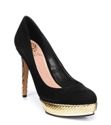 Black evening pumps get a bold boost from metallic gold platforms and heels; by VINCE CAMUTO.