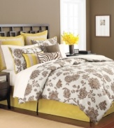 A bed of roses. Martha Stewart Collection offers a beautiful look for the bedroom with this Rose Charmont comforter set, featuring a bold floral and leaf design in a brown and white colorway. The European shams, bedskirt and decorative pillows bring complementary designs and bright bursts of color to the set.