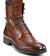 Heritage style infuses this updated combat boot, with its burnished leather upper, peak tongue and classic cap toe