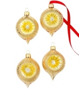 Miracle of lights: four exquisite drop ornaments feature gold glitter detailing and reflective panels create festive, dazzling decor. A stunning holiday set from Kurt Adler.