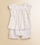 A pretty floral print and delicate embroidery add a charming look to this precious babydoll top and bloomer set.Round, banded collar with floral embroideryShort raglan sleevesButton-backCottonMachine washImported Please note: Number of buttons/snaps may vary depending on size ordered. 