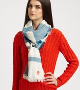 A multi-colored design with fringe detail. 70% wool/30% silkAbout 28 X 80Dry cleanImported 
