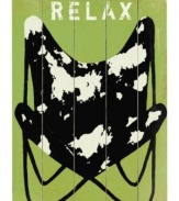 Sit back and relax. Lisa Weedn's sign depicting a cozy folding chair with a funky cow print sets the tone for casual settings in rustic birch wood.
