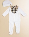 Crafted in plush cotton, baby's first gift set is stylish and sweet with classic check trim on the footie and hat.CrewneckLong sleevesSnap frontPatch pocketBottom snapsCottonMachine washImported Please note: Number of snaps may vary depending on size ordered. 