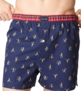 Why not choose the pair with a perfectly silly print? Tommy Hilfiger's sock monkey boxer shorts styled with a button fly and contrast elastic waist.