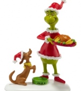 The Grinch's transformation means the good life for Max, who's treated to a slice of roast beast in honor of the holiday. An irresistible scene from Grinch Village, by Department 56.