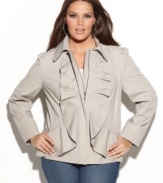 Add a feminine layer to your look this season with INC's long sleeve plus size jacket, accented by a ruffled front.