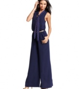 A scarf tie at the neck adds polkadot pop to this sophisticated, palazzo pants jumpsuit from Baby Phat!