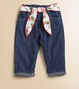 Classic denim gets a pretty update in a capri silhouette with contrasting seams, tulip-shaped pockets and a vibrant, floral belt.Front buttonAdjustable waistband with belt loops and floral beltZip flyTwo front pocketsTwo tulip-shaped back pocketsCuffed hemCottonMachine washImported