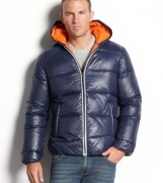 Bulk up on cold-weather style with this warm quilted, hooded jacket from Buffalo David Bitton.