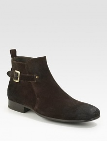 Burishied buckle and rivet detail adds workboot appeal to a sophisticated ankle boot, constructed in Italy from rich suede. Side zip Leather lining Padded insole Rubber sole Made in Italy 