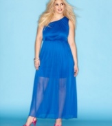 Be the queen of your special night with Soprano's one-shoulder plus size maxi dress, elegantly accented by sheer overlay.