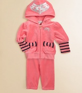This adorable, coordinating velour set includes a zip-front hoodie with stripes, bows and matching sweatpants for a look that marries fashion and function.Attached hoodLong puff sleevesFront zipFront patch pocketsElastic waistbandJacket: 78% cotton/22% polyesterPants: CottonMachine washImported