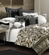 Take a journey with this Silk Road comforter set from N Natori, offering a beautiful flower print that is reminiscent of the ancient East. The dramatic black, white and gold palette gives this set a modern twist.