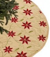 An elegant foundation for every tree, this elaborate gold tree skirt is embroidered with red poinsettia and vines of glistening sequins to enhance every holiday.