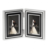 Add new elegance to beautiful memories with Vera Wang's With Love Noir folding picture frame. Geometric detail lends metallic shimmer to chic black enamel in a home accent that invokes modern and deco design.