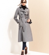 DKNY's classic double-breasted trench looks fresh in an elongated silhouette. It's the perfect topper for rainy days or brisk weather!
