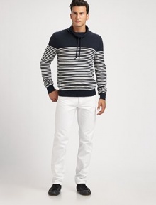 Sporty striped funnel neck constructed in superior wool and cashmere.Drawstring collarRibbed cuffs and hem70% wool/30% cashmereDry CleanImported