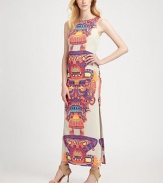 An elongated column of vibrant chiffon, styled with a leg-baring side slit and open back cut-out.BoatneckSleevelessBodice dartsSide slitOpen backSide zipperAbout 39 from natural waistPolyesterDry cleanMade in USA of imported fabricModel shown is 5'10½ (179cm) wearing US size 4.