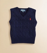 The essential sweater vest is a handsome layer rendered in durable cable-knit cotton.V-neckSleevelessPullover styleCottonMachine washImported