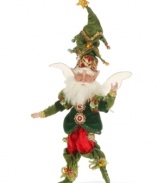 Like an extension of your tree, this well-ornamented fairy wears red, green and gold, plus a fabulous fir hat. Adjust his arms and legs to sit, stand or curl up on display with the whimsical style of Mark Roberts.